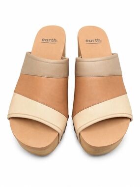 Earth Leather Wedge Slide Sandals Neutral‎ Colorblock Comfort Chic- 8.5